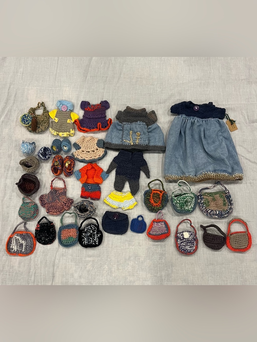 Handmade Crochet Doll Clothes & Accessories Lot – Mini Dresses Shoes Bags